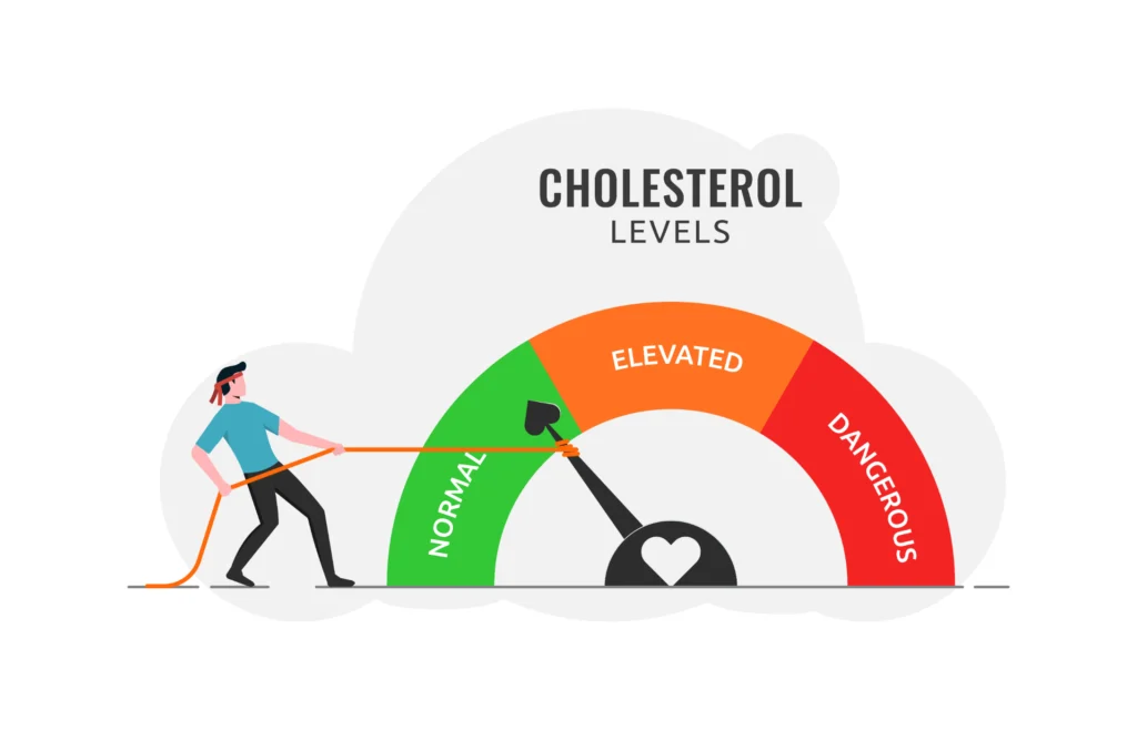 An illustration of a person pulling a gauge from elevated to normal cholesterol levels, demonstrating how to control cholesterol through healthy lifestyle changes.